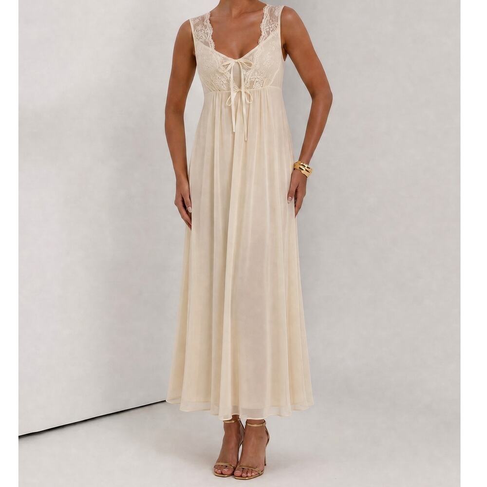 Nightgown Negligee Vintage Shadowline Women's Cream Yellow Lace Sheer Size M